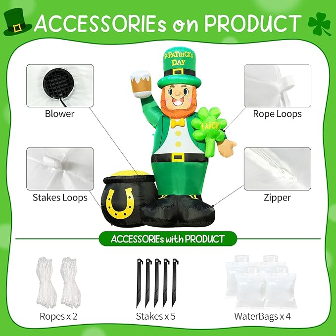 St. Patricks Day Inflatable Decorations 8ft Large Leprechaun Built-in LED Lights with Shamrock and Gold Coin Pot Blow Up Décor Outdoor Lucky Day Holiday Party Lawn Yard Garden Patio