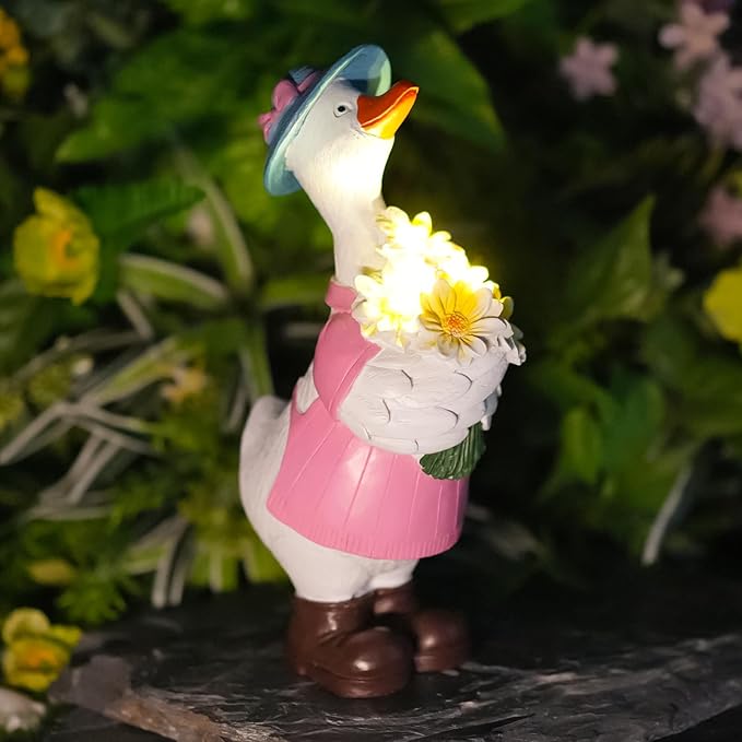 Solar Porch Goose Garden Statue with Glowing Flower, 11.5" Solar Duck Garden Decor for Outdoor, Waterproof Animal Figurine with Auto Light for Yard Lawn Patio - Unique Gift for Mom Grandma Women