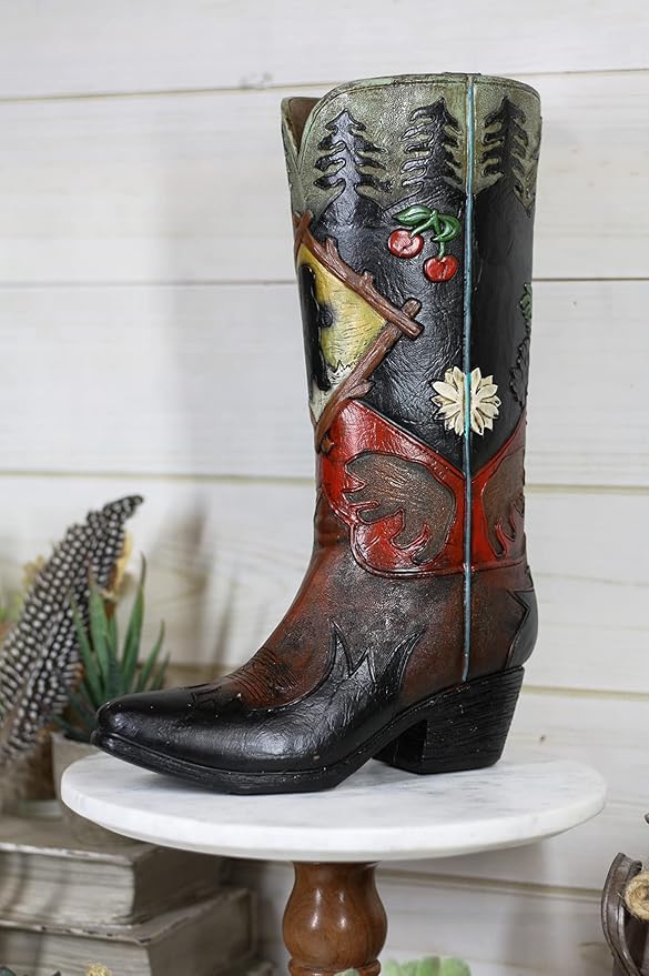 Ebros Rustic Southwestern Black Bear Country with Pine Trees and Cherries Forest Cowboy Cowgirl Boot Decorative Figurine Or Floral Vase Planter Tooled Leather Finish Table Shelf Countertop Accent