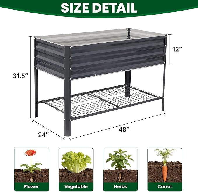 1MORE Elevated Raised Garden Bed with Legs & Storage Rack, 48×24×32in Large Metal Raised Bed for Backyard, Patio. Raised Planter Box with Drainage Holes for Plants Vegetables Flowers Fruits(Grey-1pcs)
