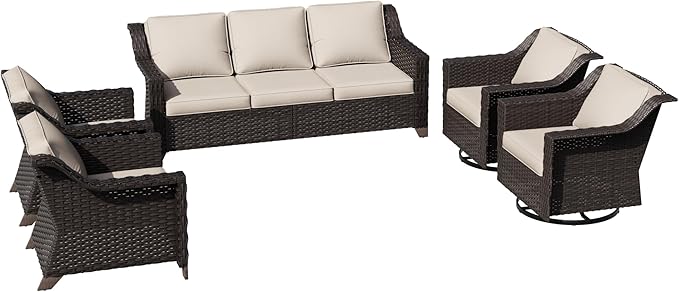 5 Pieces Patio Conversation Furniture Set - 1 Sofa, 2 Armchairs, 2 Swivel Chairs, Outdoor Wicker Furniture with Removable Cushions for Porch, Balcony, Sunroom (Beige)