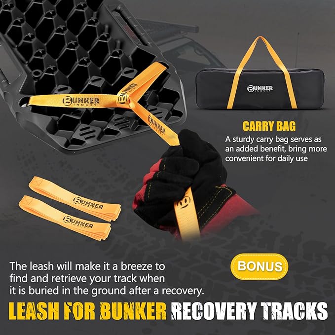 BUNKER INDUST Off-Road Traction Boards with Jack Base,Pair Recovery Track 4X4 Jeep Truck Emergency Tire Traction Mat with Bag -Sand, Mud, Snow Tracks Black Traction Pad (Gen 7th)
