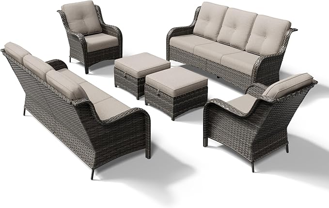 Joyside 6 Piece Wicker Patio Furniture Set, Rattan Patio Chairs with High Back, Deep Seating, Wide Armrest, Thickened Cushions, Outdoor Furniture for Deck, Porch Use