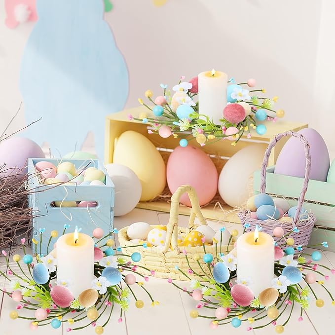 4 PCS Small Easter Wreaths for Kitchen Cabinet Mini Artificial Easter Colorful Egg Wreath for Front Door Spring Summer Hanging Wreath with Ribbon Flower Berry for Porch Window Wall Farmhouse Decor