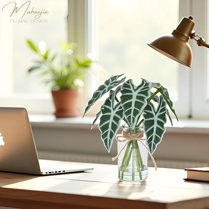 Muhanjia Artificial Flowers Turtle-Back, Alocasia Leaf, in Glass Vase with Faux Water,7Pcs Artificial Leaves Real Touch Latex Leaves for Centerpiece (2, Alocasia Leaf)
