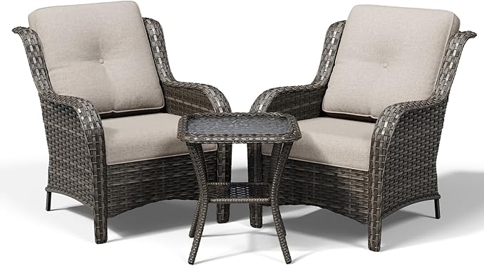 Joyside 3 Piece Wicker Patio Furniture Set, Rattan Patio Chairs with High Back, Deep Seating, Wide Armrest, Thickened Cushions, Outdoor Furniture for Deck, Porch Use