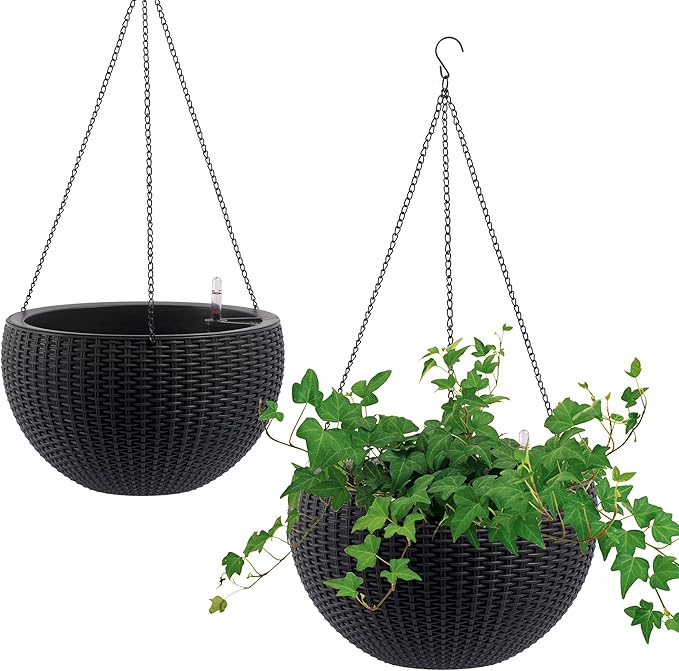 Vigo huseeo 13.5 inch 2Pack Large Hanging Planters for Outdoor/Indoor Plants, Self Watering Hanging Pot with Water Level Indicato, Drainage Holes and Chain for Garden Porch, Black