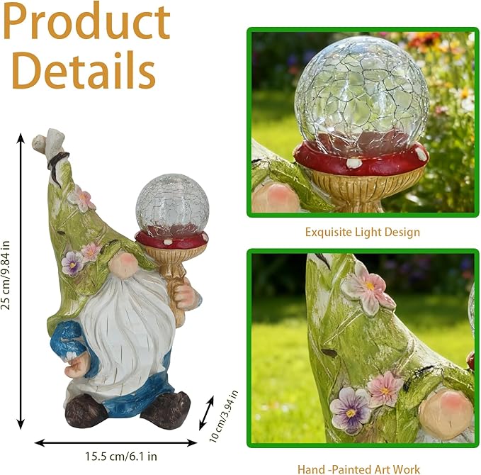 SAMPU CRAFT Garden Gnome Solar Light Statue - Outdoor Decorative Figurine with Crackle Glass Globe, Blue & White Floral Design, Waterproof LED Yard Art for Patio, Lawn, Garden, Porch