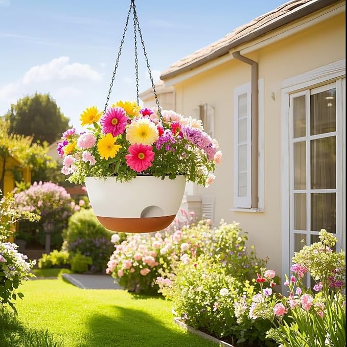 LESOASIS Hanging Planter, 12 Inch Self-Watering Hanging Planters for Indoor Outdoor Plants, Hanging Basket for Plants Flowers Outdoor (White)