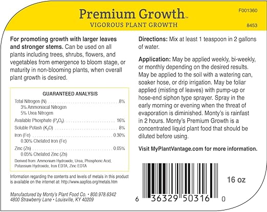 PlantVantage Premium Growth Liquid Plant Food - Liquid Fertilizer for Stronger Stems & Larger Leaves, NPK Fertilizer (8-16-8) with Zinc & Iron, Foliar Spray for Trees, Shrubs & Flower Boost, 16 oz