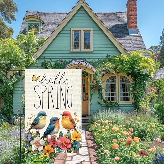 Hello Spring Cardinal Garden Flag 12x18 inch Double Sided Burlap Small Butterfly Seasonal Wildflowers Rustic Farmhouse Yard Lawn Outdoor Holiday Home Flags Decorations