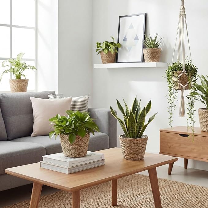 4 Pcs Straw Plant Baskets Indoor Rattan Woven Flower Baskets with Plastic Liner, Cattail Plant Planter for Indoor Outdoor Rustic Boho Home Farmhouse Floor Potted Pots Decor