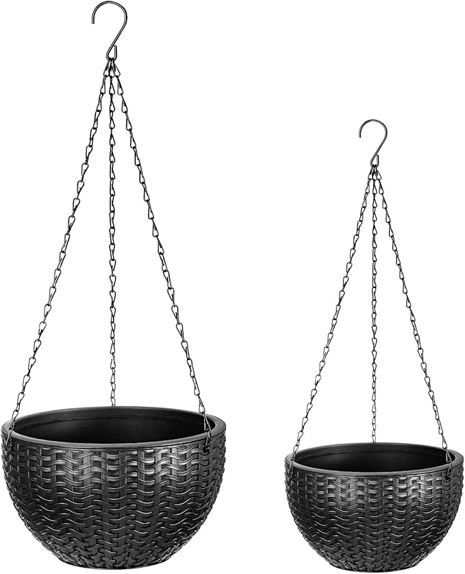 Foraineam Dual-Pot Self-Watering Hanging Planters, Black, 2 Pack, Indoor/Outdoor, Rattan Design, 10.2in and 8.2in