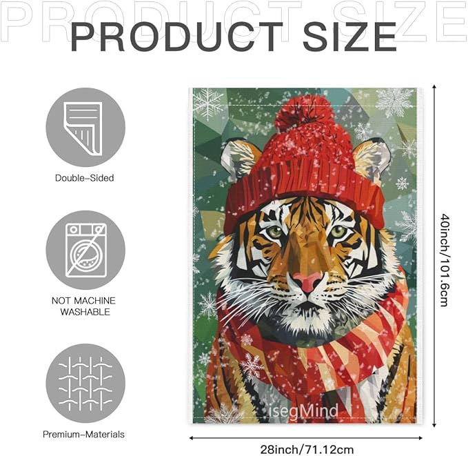 Tiger with Red Scarf and Hat Snowflake Christmas Garden Flag, 28x40 Inch Double Sided Linen Holiday Red Winter Farmhouse Yard Outdoor Decoration (4327)