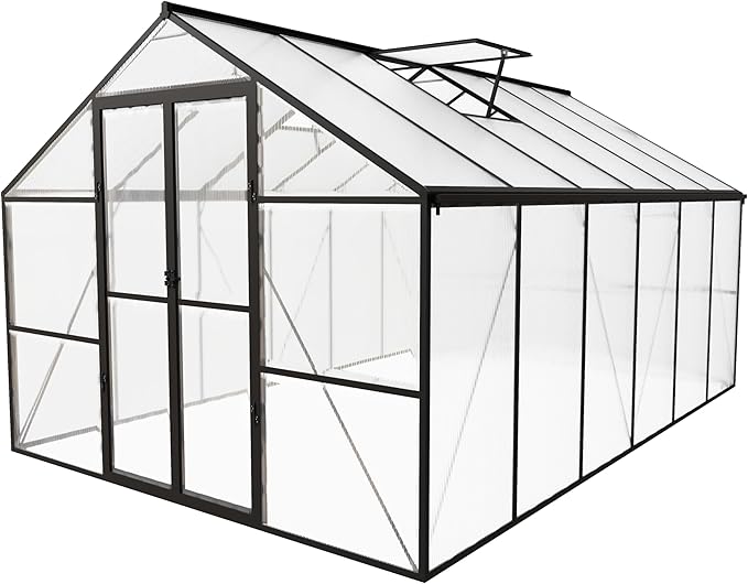 8 x 12 FT Outdoor Greenhouse, Heavy-Duty Polycarbonate Greenhouse with Aluminum Frame, Lockable Door, Adjustable Roof Vent, Walk-in Green House for Backyard, Garden, Patio