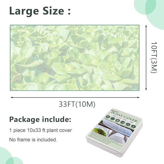 Rohuis Plant Covers Freeze Protection Winter, 10ftx33ft Frost Blanket Cloths for Outdoor Plants, Reusable Garden Floating Row Cover for Vegetables Tree, Gardening Gifts for Plant Lovers