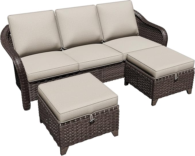 3 Pieces Patio sectional Sofa Set, Outdoor Conversation Furniture Set, 78" 3-Seat Couch with 2 Ottomans, 47" Metal Coffee Table, Rattan Wicker Sofa with Washable Cushions (Beige)