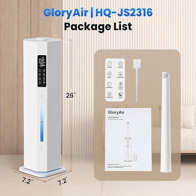 Humidifiers for Bedroom - GloryAir 2.38Gal/9L Top Fill Cool Mist Humidifier for Large Room 500ftยฒ 120H Last with Auto Mode 7-Color Light Humidistat Aroma Box Quiet Humidifiers for Plants Baby & Adults