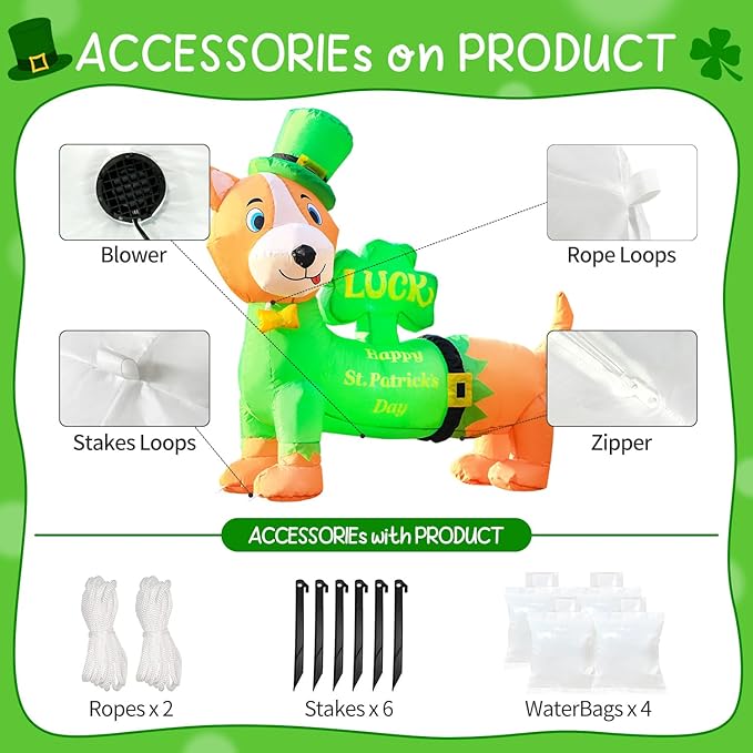 DomKom St. Patricks Day Inflatable Decorations, 4ft Cute Dog Dachshund Blow Up Lucky Day Décor Built-in LED Lights Carrying Good Luck Shamrock for Outdoor Holiday Party Lawn Yard Garden Patio