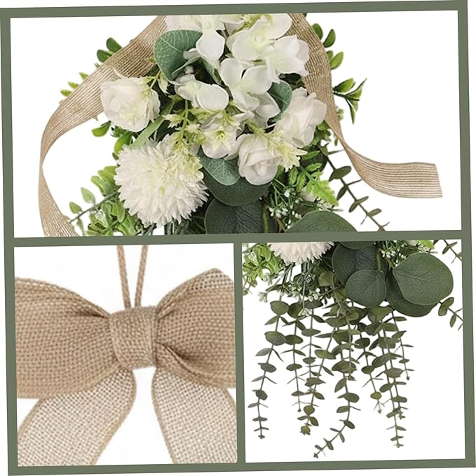 Teardrop Wreath, Large Floral Swag - Artificial White Eucalyptus and Chrysanthemum Hanging Bouquet for Front Door, Wall, and Wedding Decor