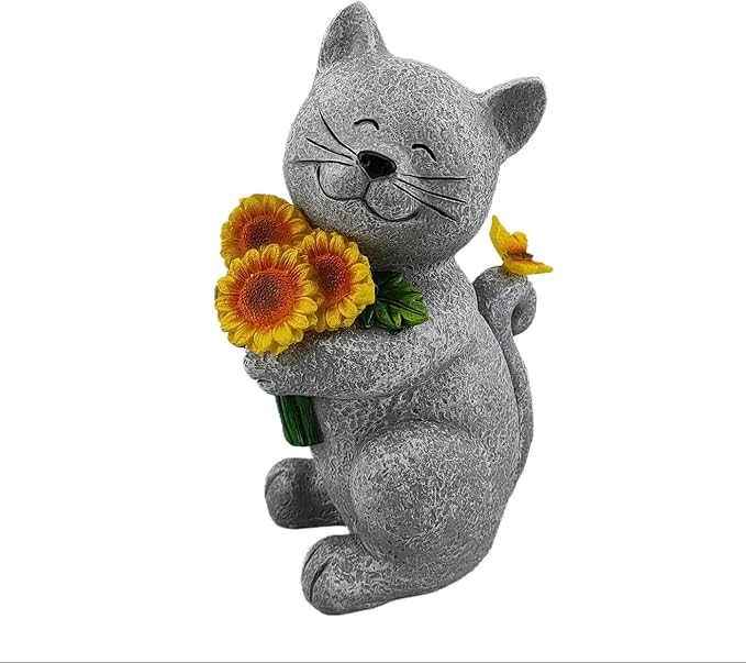 Garden Decor Cat Outdoor Statue with Solar Lights-Solar Garden Gnomes Decorations for Patio Lawn Yard Balcony with Lantern,Welcome Sign with Butterfly Flower, Birthday Gifts for Women Mom (Gray)