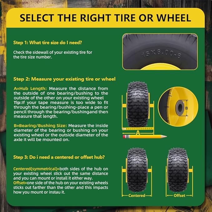 15x6.00-6nhs Lawn Mower Tires Tubeless (2 Pack),Replacement Riding Lawn Mower Front Tires,Compatible withRiding Mowers and Lawn Tractor, 3" Centered Hub and 3/4" Bushings(Yellow)