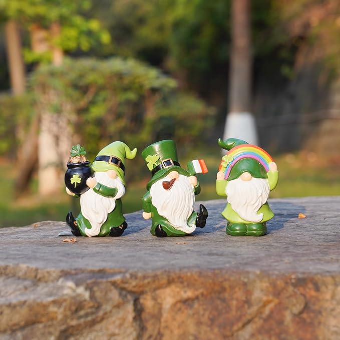St Patrick's Day Decorations Gnome-Figurines - Set of 3 Gnome Statue with Shamrock Pot of Gold Resin St. Patricks Day Faceless Dolls Farmhouse Décor for Tabletop Home 3*2.75*4.5 in Newman House Studio