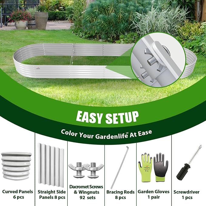 A ANLEOLIFE 6 Pcs 12X3X1.5 ft Oval Extra Large Galvanized Raised Garden Beds Outdoor for Planting Vegetables Flowers Herb, Antique White