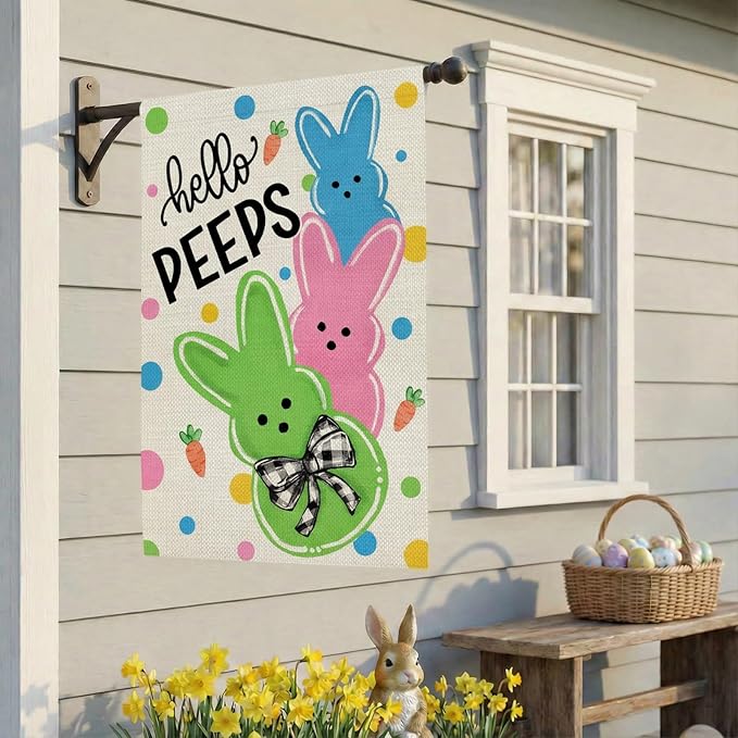 CROWNED BEAUTY Easter House Flag Peeps Bunny 28x40 Inch Double Sided Large Holiday Welcome Decoration for Outside Yard
