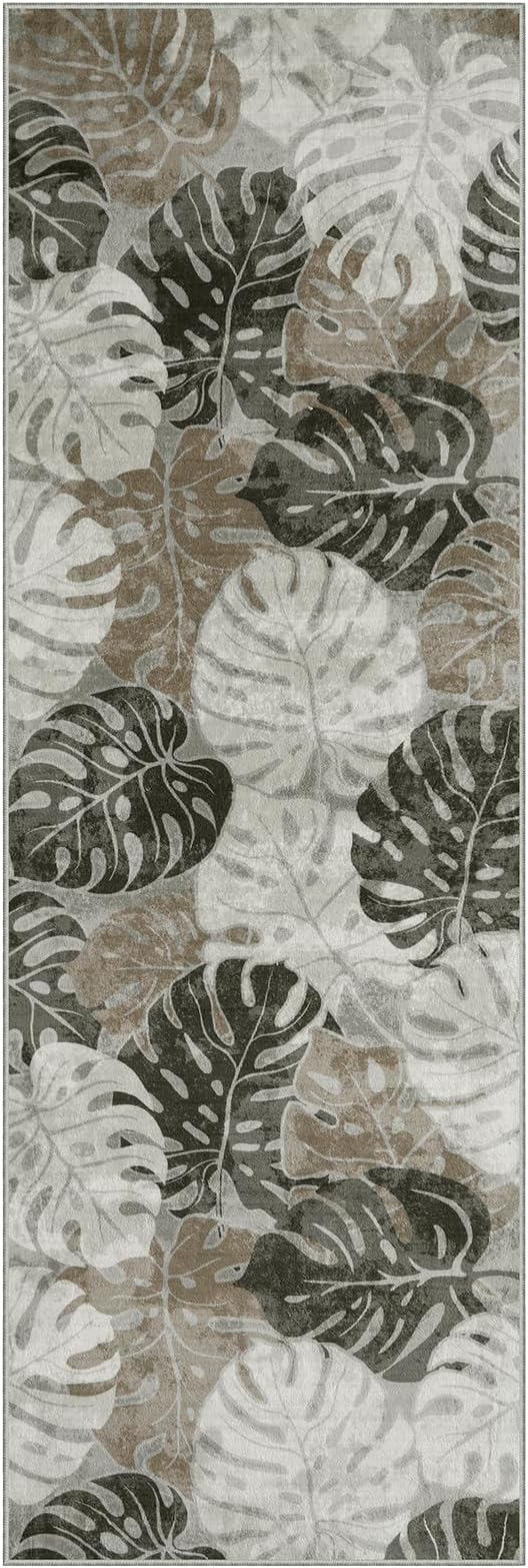 Wonnitar 2x6 Washable Runner Rug, Monstera Non-Slip Runner Rugs for Hallway Leaf Laundry Room Mat, Tropical Soft Low Pile Entryway Indoor Carpet for Kitchen Bathroom Decor, Khaki