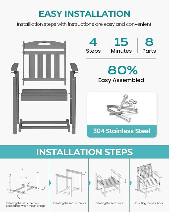 Outdoor Patio Dining Chair - All-Weather Fade-Resistant HDPE, Low Maintenance - for Garden, Backyard, Deck - Grey