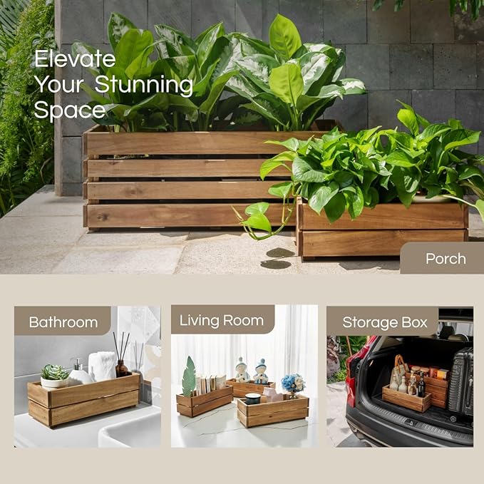 Wooden Planter Box, Storage Box 17βL x6βW x5.5βH with Crate Style, Acacia Wood Flower Container, Rustic Rectangle Planter for Planting, Decor and Storage - 3 Colors (Golden Walnut)