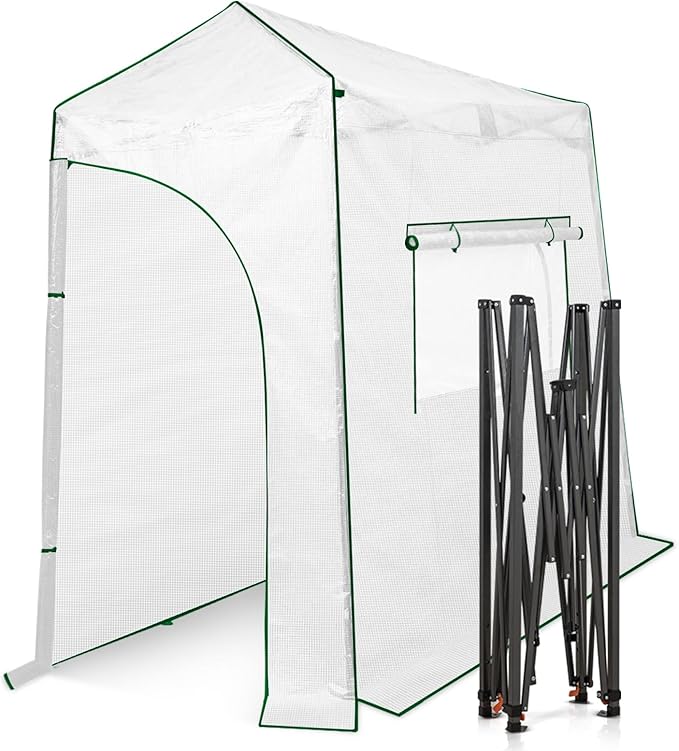 EAGLE PEAK Instant Pop-up Greenhouse, Indoor Outdoor Plant Gardening Green House, Roll-Up Zipper Doors and Side Windows, Lean-to 9x4 ft, PE Cover, White/Clear