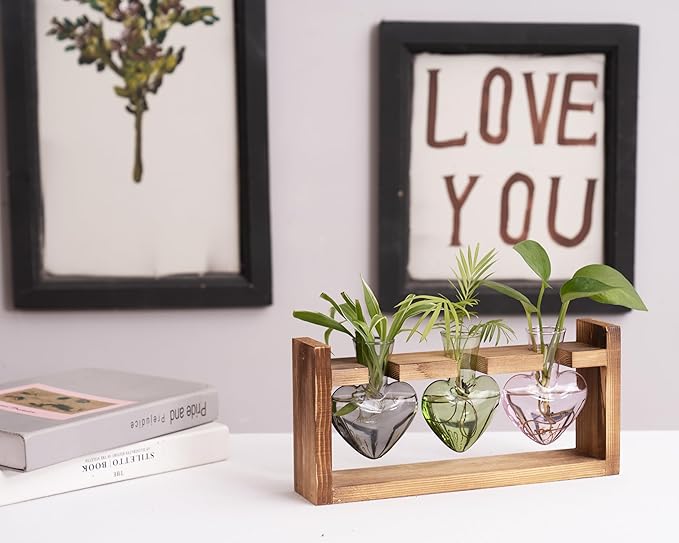 Kingbuy 3-Heart Plant Terrarium Kit - Stained Glass Vase Propagation Station with Vintage Wood Stand - Wall-Mounted & Tabletop Indoor Garden Decor for Home Kitchen Wedding (Grey, Green, Pink)
