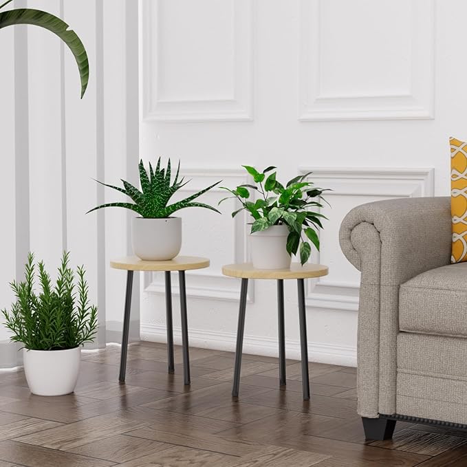 SAKSUN Plant Stand Indoor 14'': Indoor Plant Stand 2 Pack Metal Plant Table - Wood Plant Stool Outdoor Small Round Side End Table Mid Century Modern Decor - Home Decor