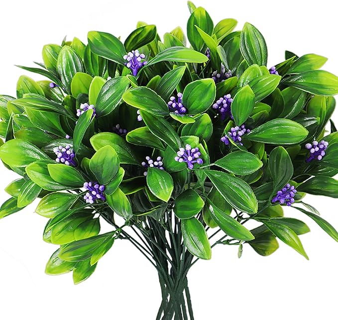 RECUTMS 10 Pcs Artificial Plants Plastic Fake Fern Bean Shrub Grass Greenery Simulation Leaves Bush Indoor Outside Home Garden Office DIY Table Arrangement (Violet)