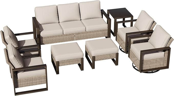 Joyside Outdoor Patio Chairs, 8 Pieces Wicker Rattan Furniture Set, 4 Patio Chairs, 1 Sofa, 2 Ottoman and 1 Table, Metal Wide Armrest, Thick Cushions and Deep Seating for Garden, Backyard, Porch