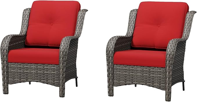 Patio Chairs Set of 2, Outdoor Wicker Patio Furniture Set with Thickened Olefin Cushions, High Back and Deep Seating, Wide Curved Armrest Hand-Woven PE Rattan for Porch, Deck, Red