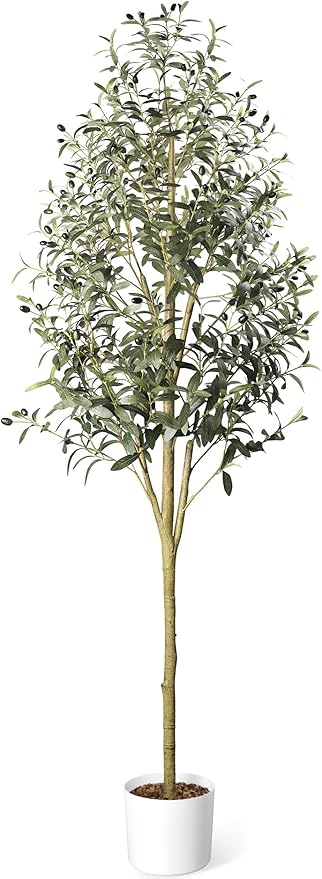 Artificial Olive Tree in Pot, 7 FT Tall Faux Olive Tree for Home Indoor Decor, Large Floor Plant with Textured Leaves Fruits, Realistic Wood-Grain Trunk, Fake Plant for Living Room Bedroom Office