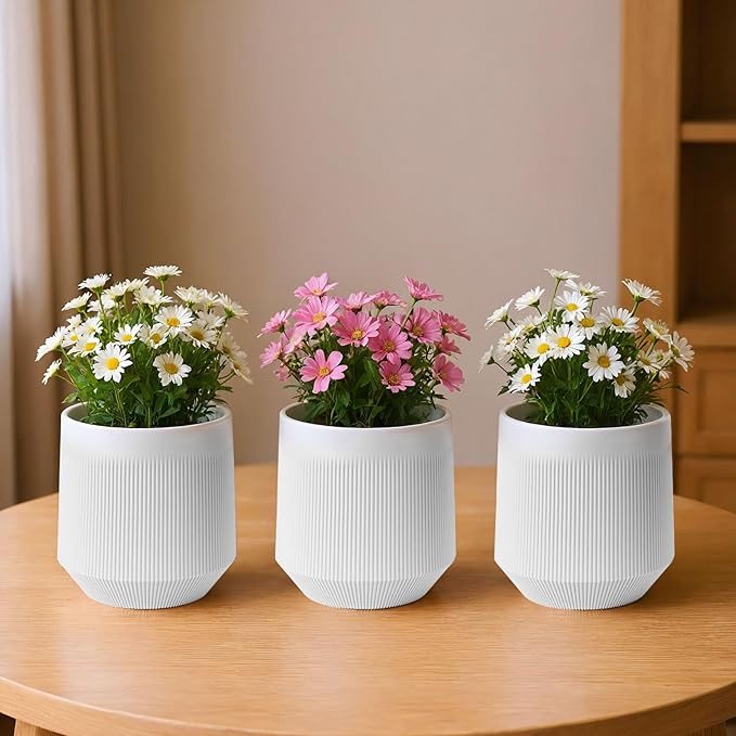 Yaghpy Plant Pots,Set of 3 Plastic Pots for Indoor Plants,Flower Pots Outdoor Planters with Drainage Hole and Seamless Saucer,White