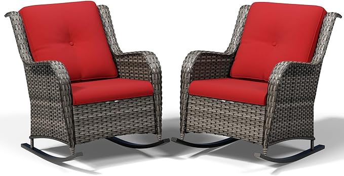 Joyside Outdoor Rocking Chairs Set of 2, Wicker Patio Furniture with High Back, Deep Seating, Wide Armrest, Thickened Cushions, Outdoor Rattan Furniture for Deck, Porch Use