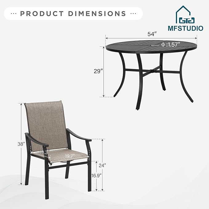 MFSTUDIO Patio Dining Set for 6, Outdoor Round Table and Chairs with Umbrella Hole, 7 Piece Outdoor Patio Dining Set for Deck, Yard, Garden