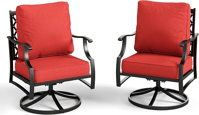 Swivel Patio Chairs Set of 2, High Back Outdoor Swivel Patio Metal Chairs with 5.75" Thick Cushions for Bistro Balcony Porch Deck and Yard, Red