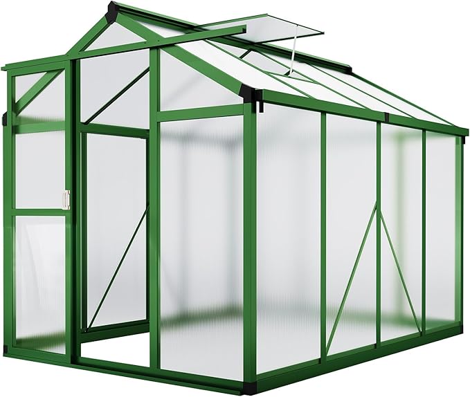 6x8 FT Greenhouse - Large Aluminum Greenhouses for Outdoors, Heavy Duty Polycarbonate Greenhouse with Roof Vent&Ground Nails, Walk-in Green Houses for Garden, Backyard, Patio, Easy Assembly