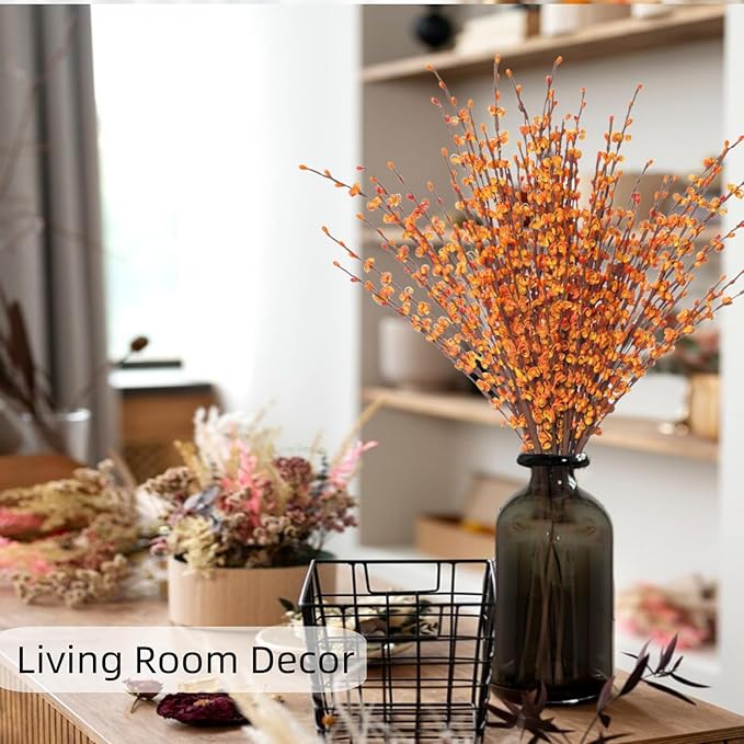 10 Pcs 29.5" Fall Stem Orange Jasmine Fall Flowers Dry Branches Bouquet for Home DIY Floral Art Plant Wedding Orange Fake Flowers (Autumn Yellow)