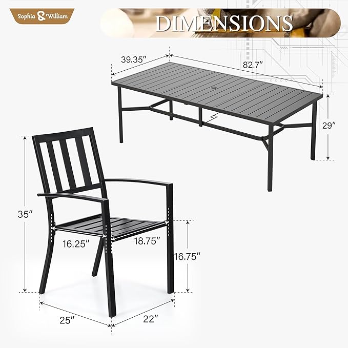 Sophia & William Patio Table and Chairs Set, Outdoor Dining Set for 8, 9 Piece Metal Patio Furniture, 82.7" Black Rectangular Table(Stripe)