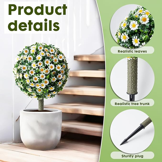 Set of 2 Artificial Topiary Ball Trees with White Mum for Outdoor with Ground Spike,22" UV Resistant Faux Boxwood Ball Tree, Fake Green Boxwood Plants for Garden, Yard, Porch, Patio Decor