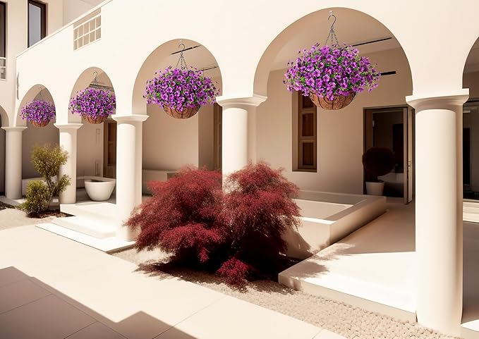 Artificial Flowers Hanging Basket for Outdoor Indoor Spring Summer Decoration,Fake Silk Colorful Daisy Eucalyptus in 12" Metal Coconut Lining Flowerpot Arrangement for Patio Yard Decor(Purple)