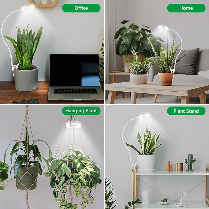 Xuligron Grow Light, LED Full Spectrum Plant Light for Indoor Plants, 2 Mounting Methods Clip or Plug, White Halo Plant Growing Lamp with 3 Light Modes, 6/12/16H Timer, 5 Level Dimmable