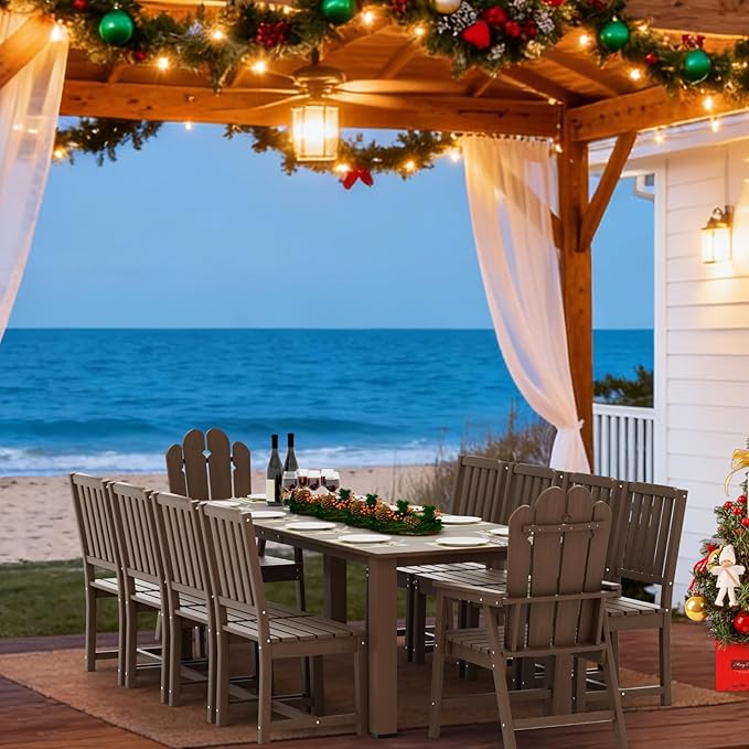 11-Piece Patio Dining Set, Outdoor Dining Set for 10, HDPE All-Weather Outdoor Furniture with 89.57” Umbrella Hole Table, 2 Armchairs & 8 Armless Chairs, Brown